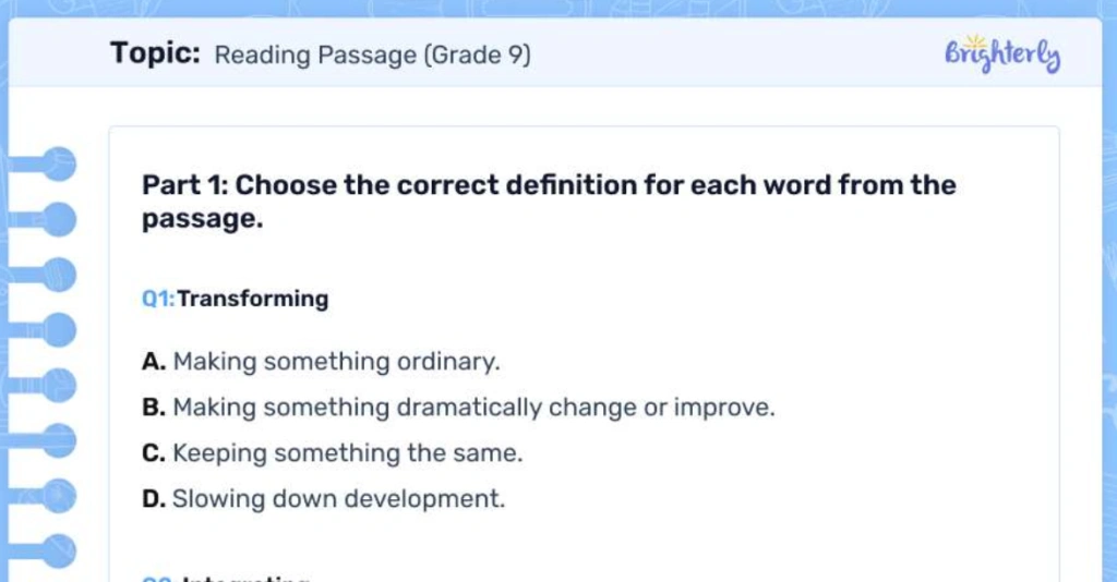 9th grade reading comprehension passages: Examples