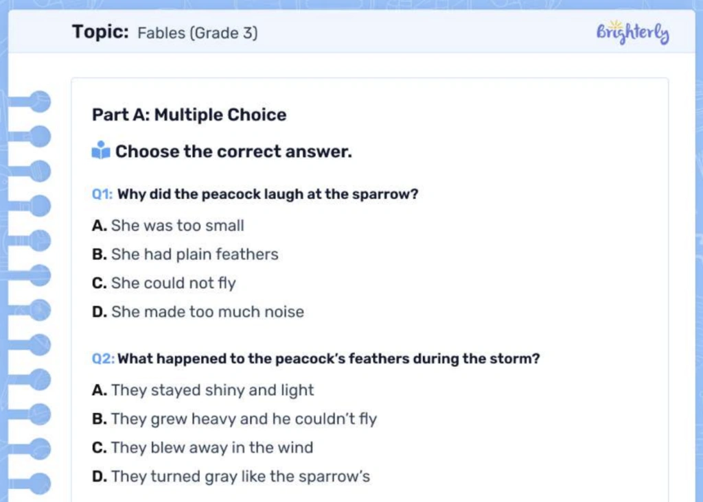 Short fables worksheets: Examples