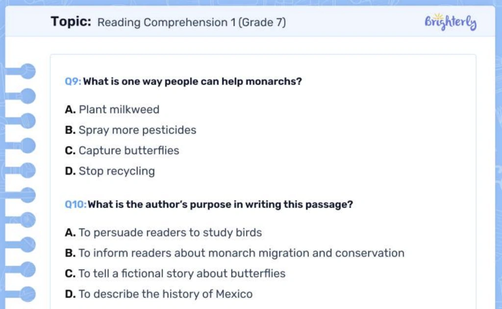 7th grade reading comprehension worksheets: Examples
