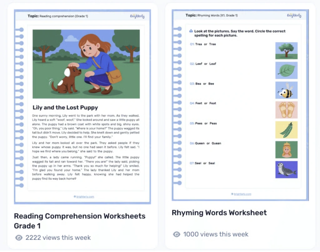 Brighterly worksheets as a parent handout for reading at home