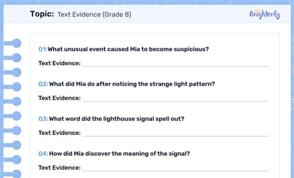 Examples of the text evidence worksheets