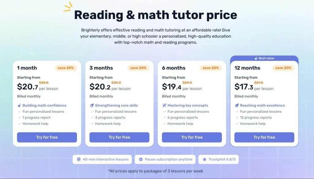 How much is Brighterly math and reading?