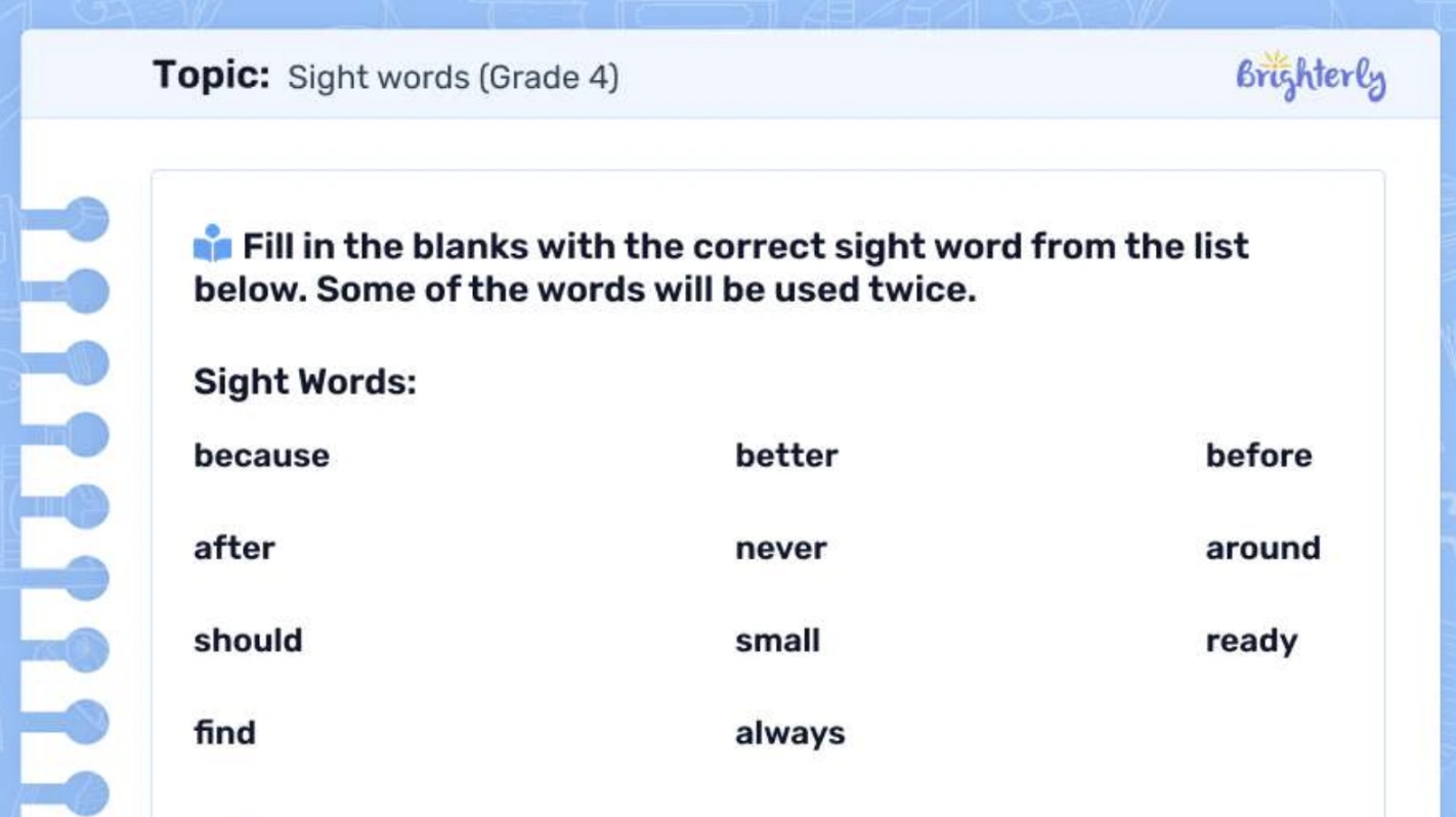 Sight words worksheets 4th grade: Examples