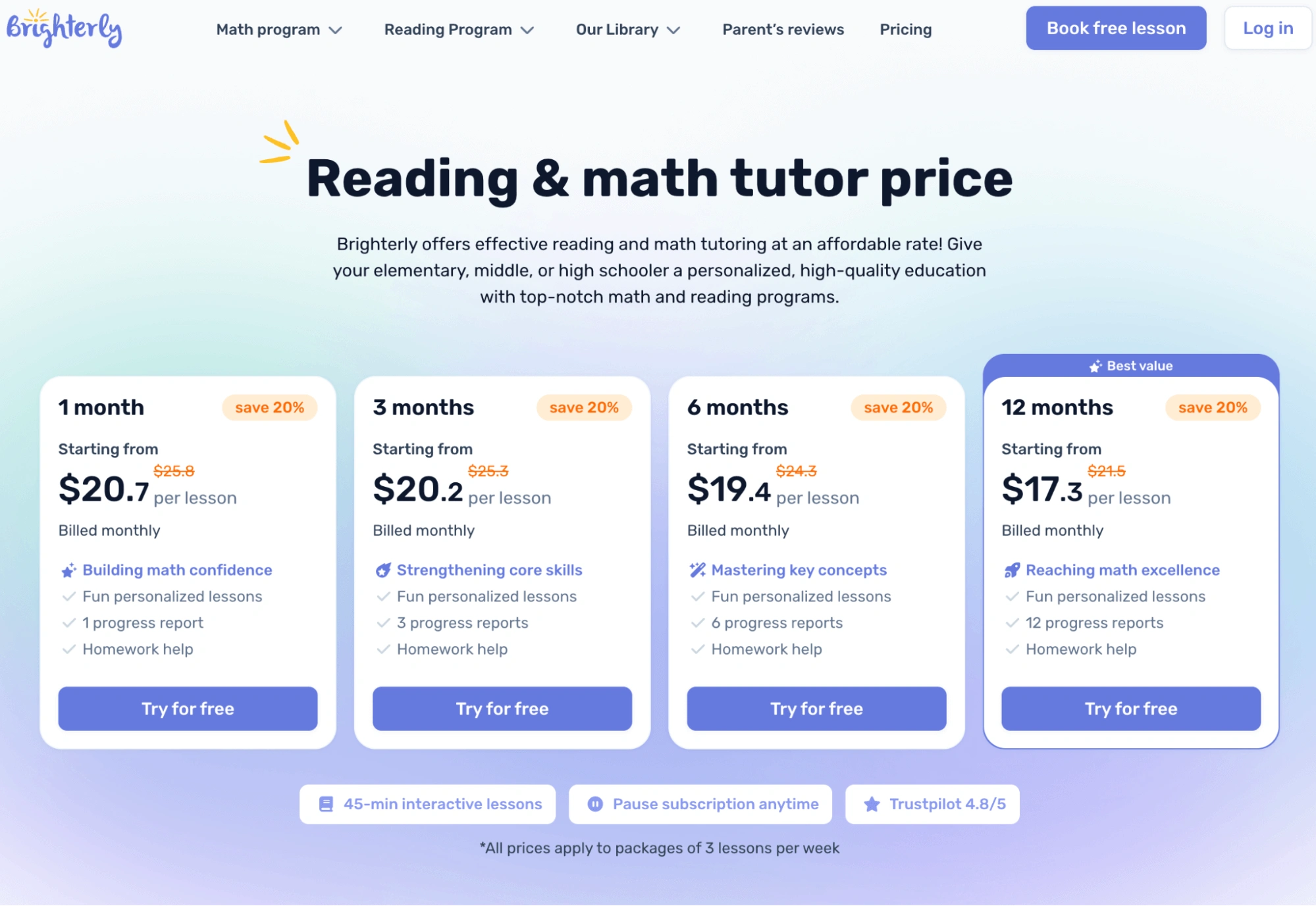 Brighterly vs Huntington Learning Center pricing