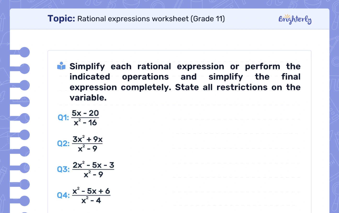 Download Rational Expressions Worksheet PDFs