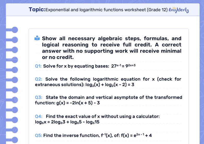 Download Exponential and Logarithmic Functions Worksheet PDFs