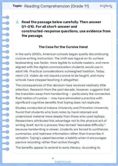 11th Grade Reading Comprehension Worksheets 2