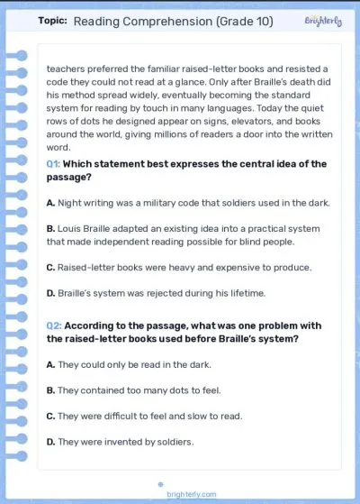 10th grade reading worksheets 1