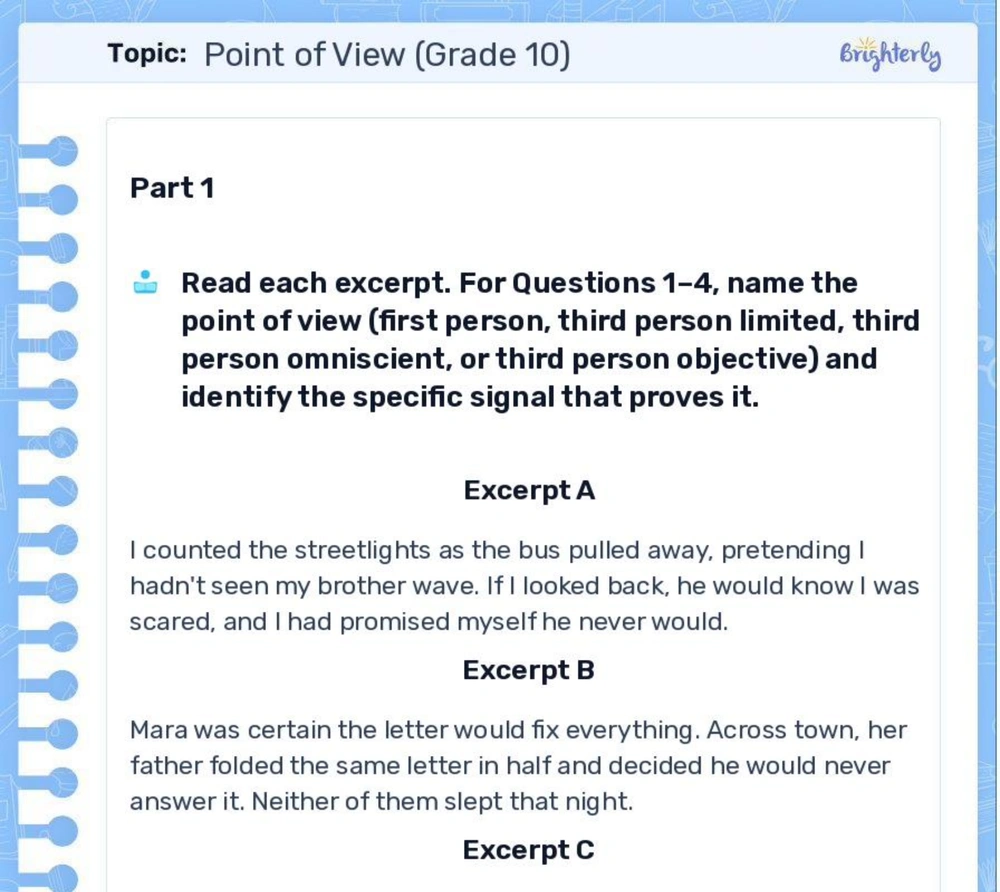 Point of View Worksheets 10 grade