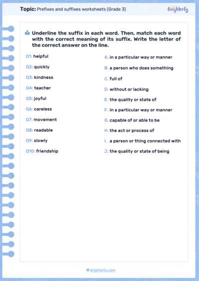 Prefixes and suffixes worksheets Grade 3