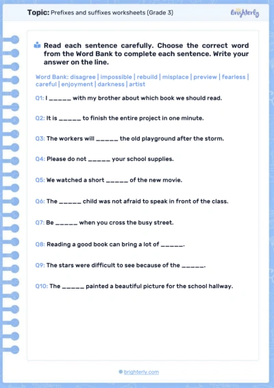 Prefixes and suffixes worksheets Grade 3